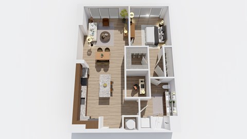 Floor plan for 1 bed, 1 bath, 897 sqft